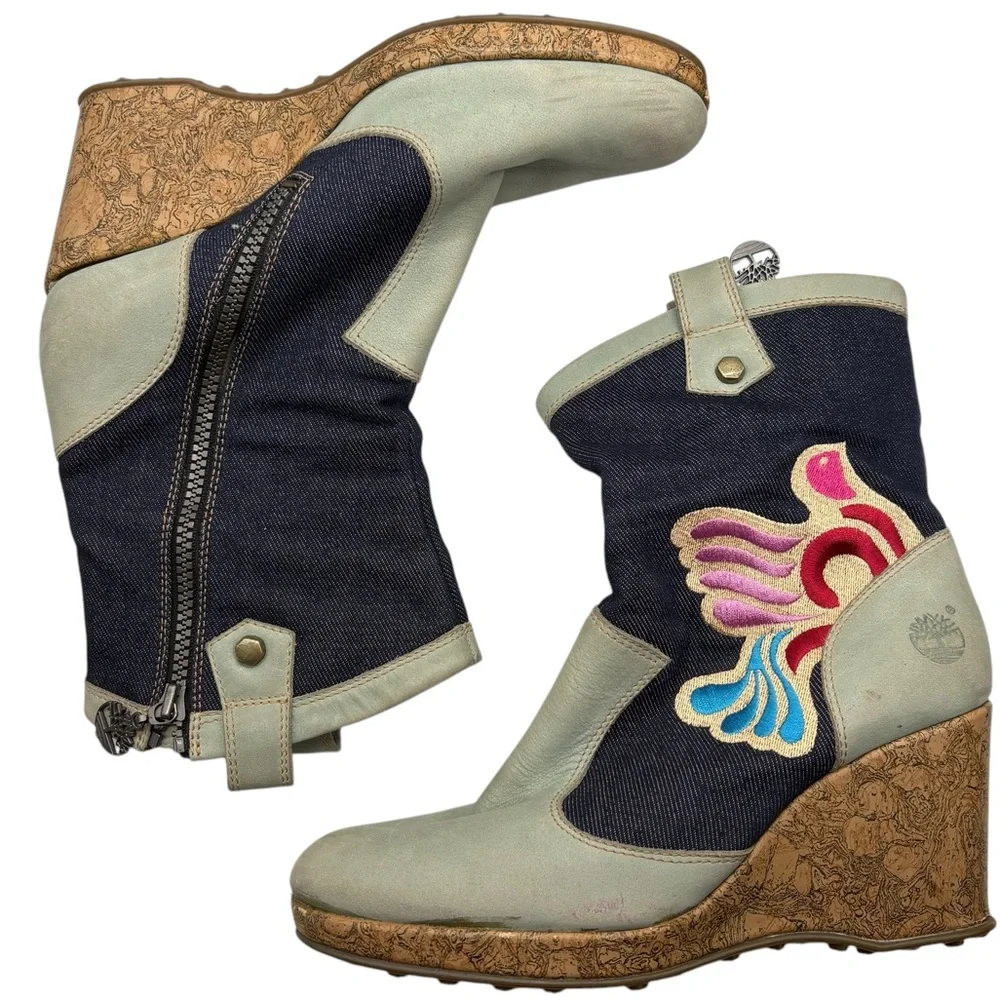 Timberland cork wedge boots denim embroidered Blue Tan women’s size 7